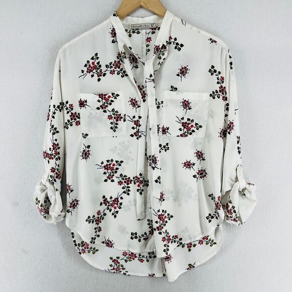 ABERCROMBIE & FITCH Top XS Floral Poplin Tie Neck Blouse Roll Tab Sleeve White - Picture 2 of 16